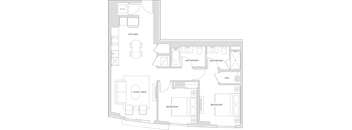 Floorplan of a two bedroom two bath apartment with 939 square feet.