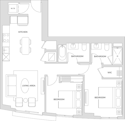 Floorplan of a two bedroom two bath apartment with 939 square feet.