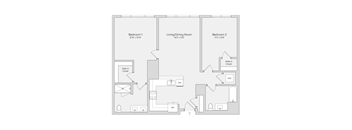 A floor plan of a house with three bedrooms and a living/dining room.