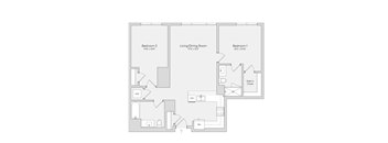A floor plan of a house with three bedrooms and a living/dining room.