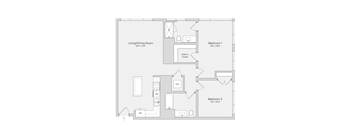 A floor plan of a small apartment with two bedrooms and a living/dining area.
