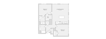 A floor plan of a small apartment with two bedrooms and a living/dining area.