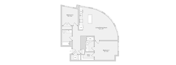 A floor plan of a small apartment with two bedrooms and a living/dining room.