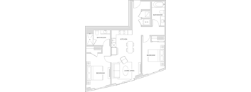Floorplan of a two bedroom two bath apartment with 961 square feet.