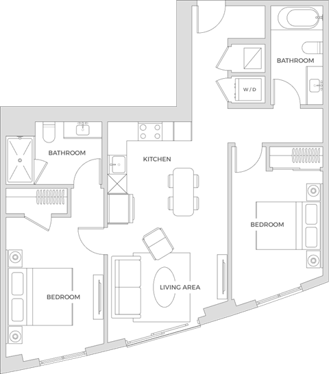 Floorplan of a two bedroom two bath apartment with 961 square feet.