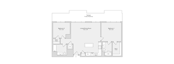 A floor plan of a home with three bedrooms and a living/dining room.