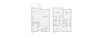 A floor plan of a two level apartment with two bedrooms and a den.