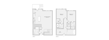 A floor plan of a two level apartment with two bedrooms and a living/dining room.