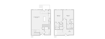 A floor plan of a two level apartment with a living/dining room, two bedrooms, a den, a walk-in closet, and a WC.
