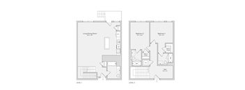 A floor plan of a two-level apartment with a living/dining room, two bedrooms, two bathrooms, and a den.