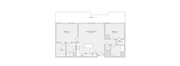 A floor plan of a house with two bedrooms, a living/dining room, and a kitchen with a walk-in closet.