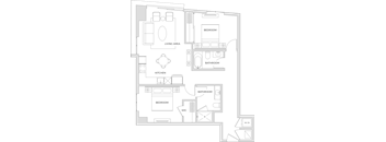 Floorplan of a two bedroom two bath apartment with 1,011 square feet.
