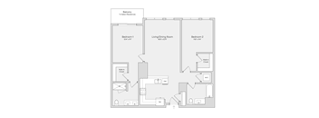 A floor plan of a residence with a balcony, two bedrooms, and a living/dining room.