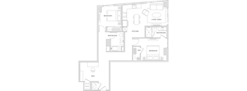 Floorplan of a two bedroom two bath apartment with 1,135 square feet and a den.