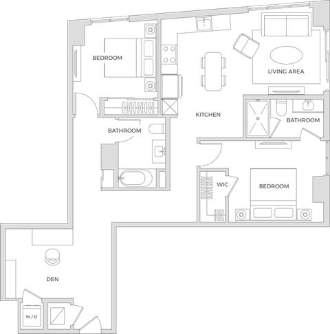 Floorplan of a two bedroom two bath apartment with 1,135 square feet and a den.