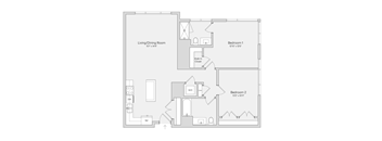 A floor plan of a small apartment with two bedrooms and a living/dining area.