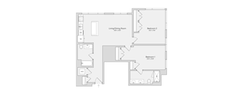 A floor plan of a home with a living/dining room, two bedrooms, a kitchen, a bathroom, and a laundry area.