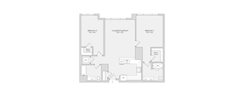 A floor plan of a house with two bedrooms, a living/dining room, a walk-in closet, a W.I.D., a bathroom, and a laundry area.