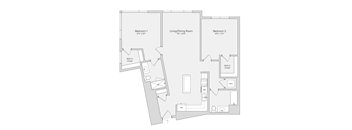 A floor plan of a house with two bedrooms, a living/dining room, a kitchen, a bathroom, a wardrobe, a cupboard, a wash-in-shower, a toilet, and