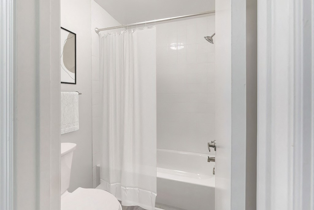 a white bathroom with a shower and a toilet