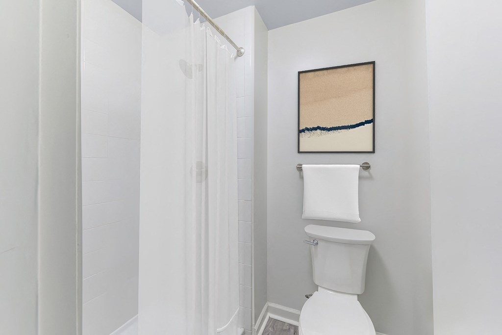 a white bathroom with a shower and a toilet