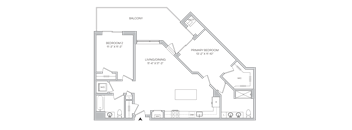 Floorplan of a 1,160 square foot 2 bedroom 2 bath apartment with a balcony