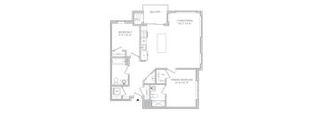 Floorplan of a 2 bedroom 2 bath apartment with a balcony