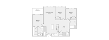 A floor plan of a house with a living room, dining room, and three bedrooms.