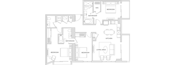Floorplan of a three  bedroom two bath apartment with 1,447 square feet.