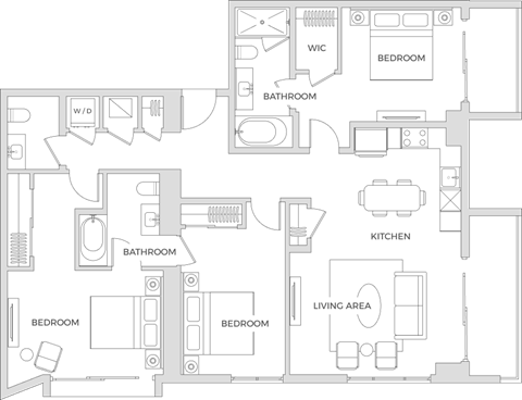 Floorplan of a three  bedroom two bath apartment with 1,447 square feet.