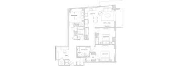 Floorplan of a three  bedroom two bath apartment with 1,476 square feet and a den.
