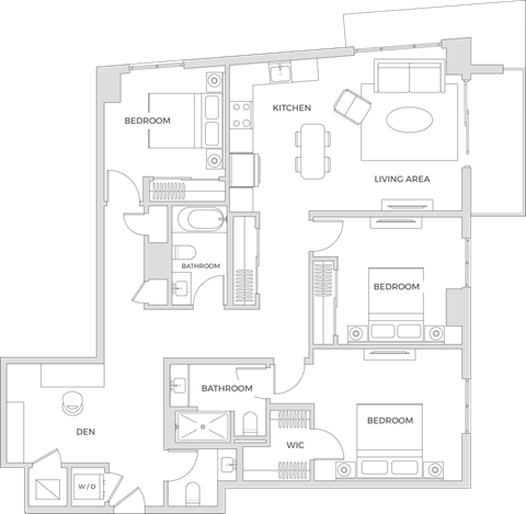 Floorplan of a three  bedroom two bath apartment with 1,476 square feet and a den.