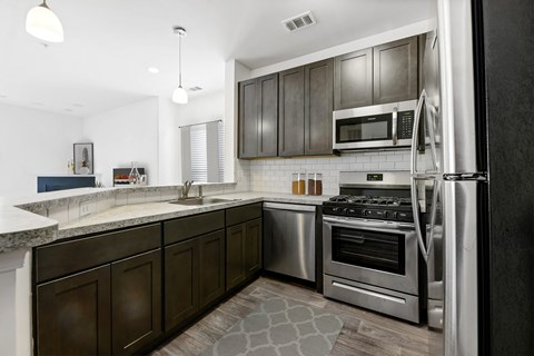 A modern kitchen with dark brown cabinets and stainless steel appliances.