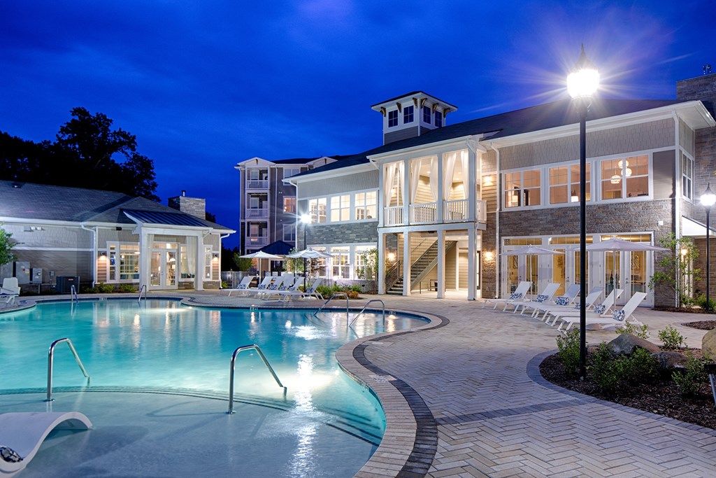 Night view of Pool at Capital Creek at Heritage Apartments, Wake Forest, North Carolina