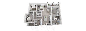 A 3D rendered image of a house layout.