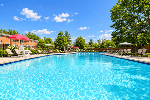 A large swimming pool with a blue tinted water.
