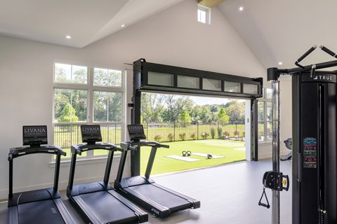 Three treadmills are lined up in a spacious room with a view of a grassy area outside.
