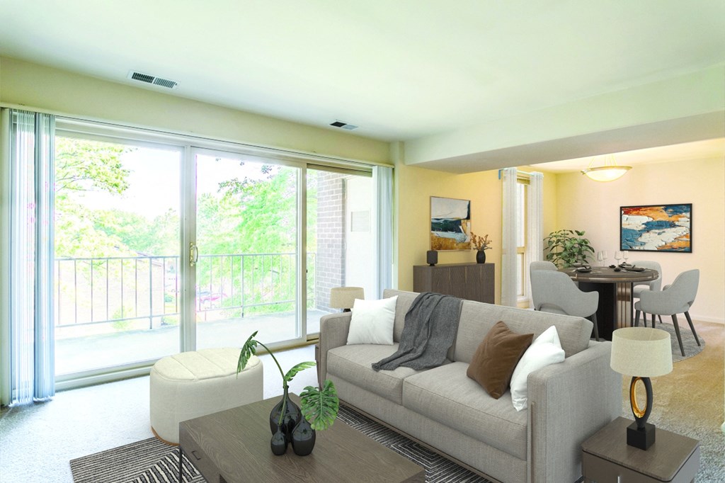 a living room with a couch and a table