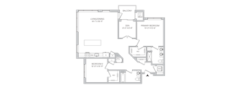 Floorplan of a 1,432 square foot 2 bedroom 2 bath apartment with a den and a balcony