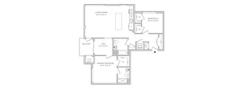 Floorplan of a 1,199 square foot 2 bedroom 2 bath apartment with a den and a balcony