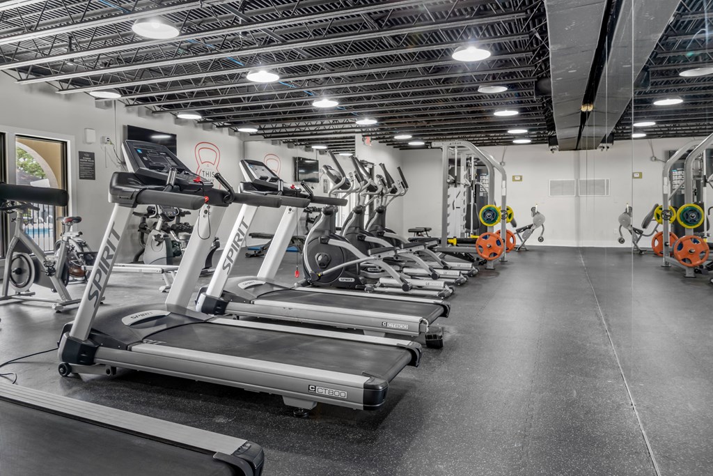 A gym with treadmills and elliptical machines.
