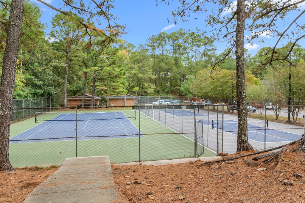 A tennis court surrounded by trees and a fence.