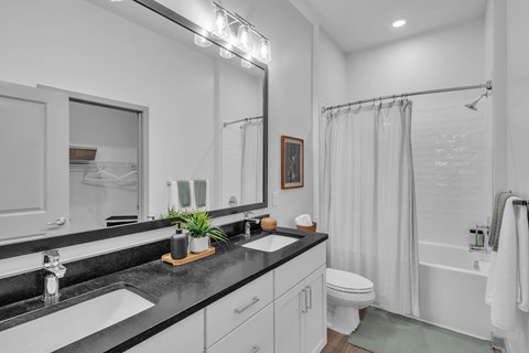 A bathroom with a black countertop and white fixtures.