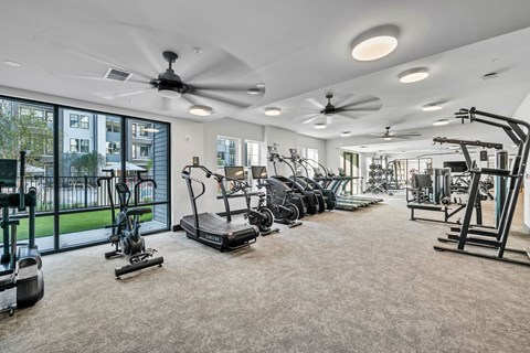 A spacious home gym with a variety of exercise equipment.