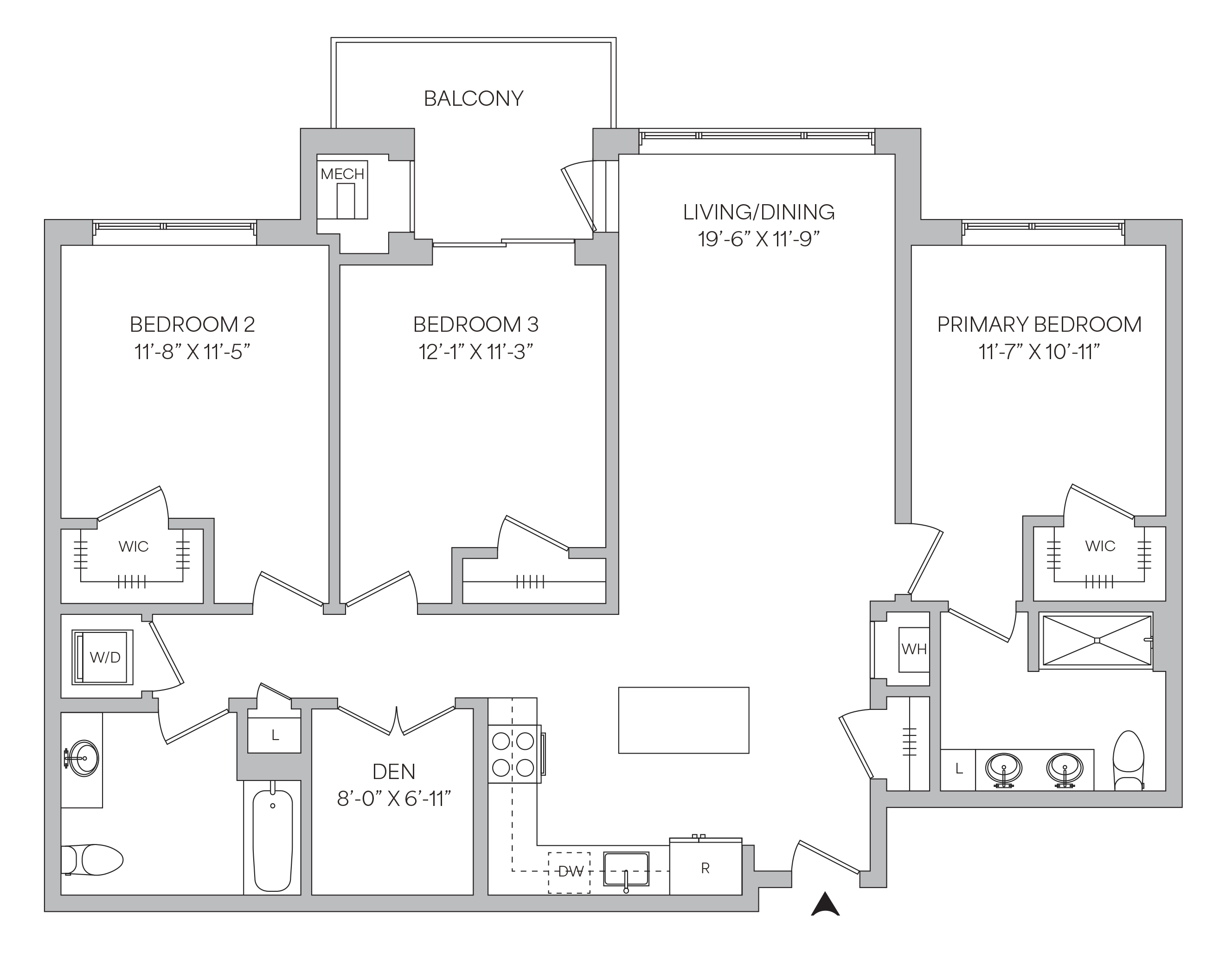 Floorplan of a 1,432 square foot 3 bedroom 2 bath apartmeth with a den and a balcony