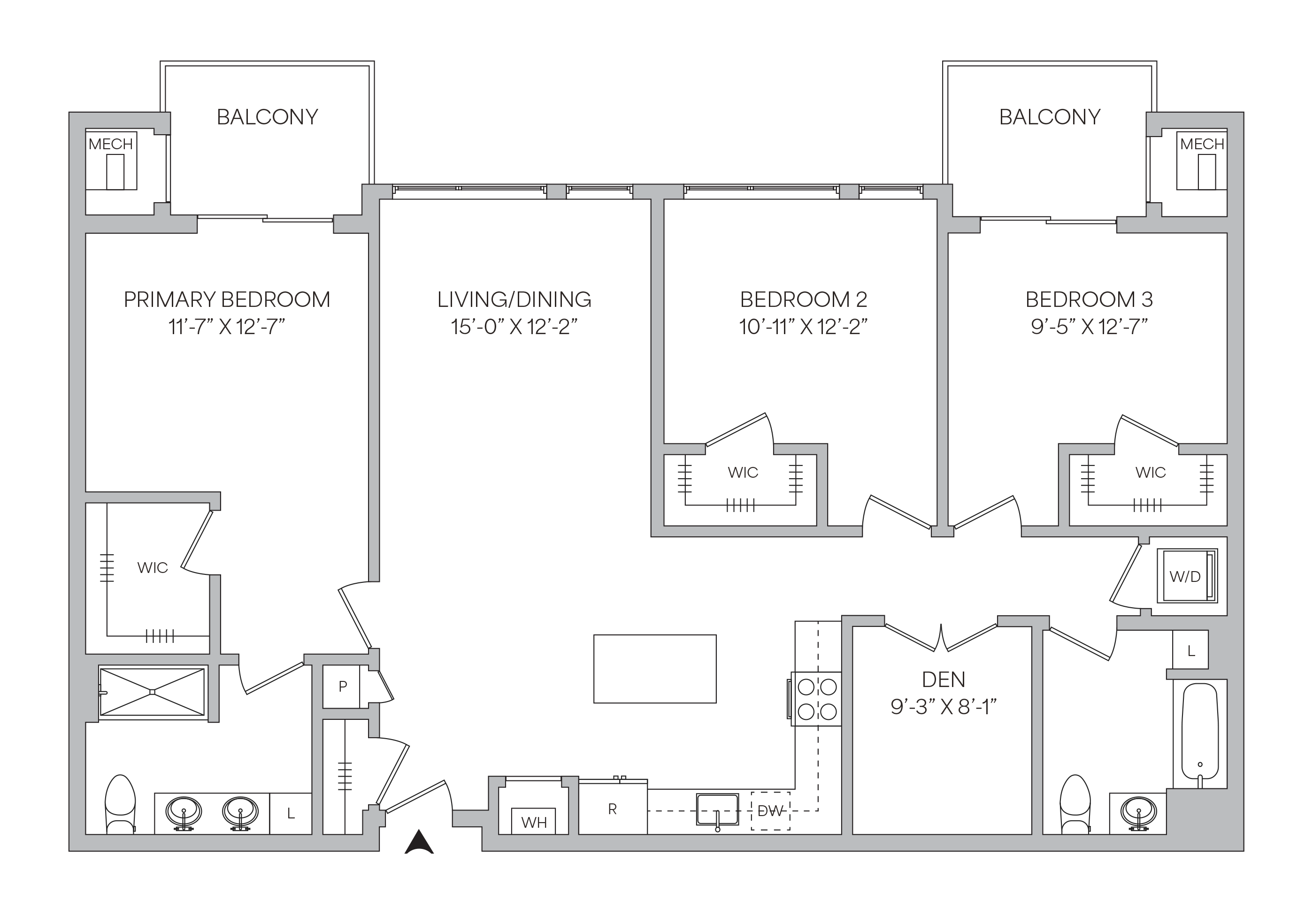 Floorplan of a 1,521 square foot 3 bedroom 2 bath apartment with a den and a balcony