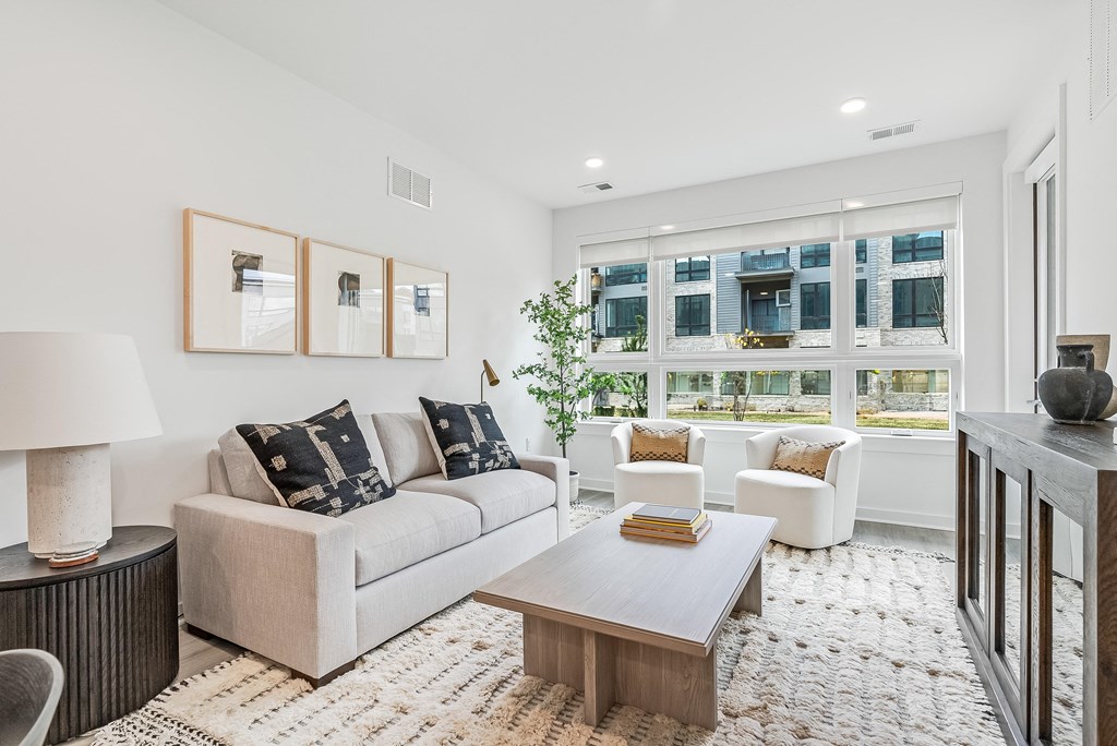 a living room with a couch and a coffee table