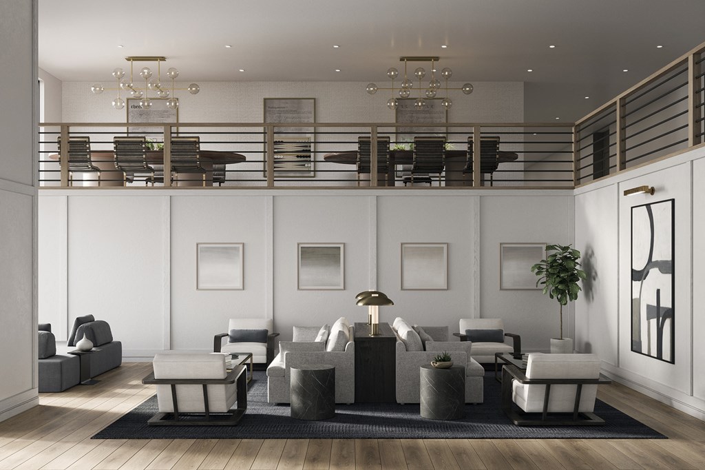 a rendering of a lobby with couches and chairs