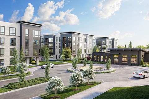 a rendering of an apartment complex on a street with cars