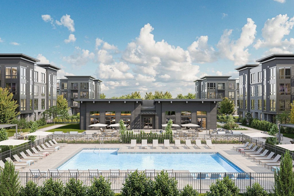 a rendering of a pool with buildings in the background